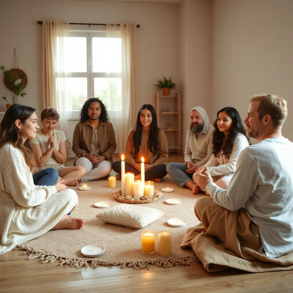 Diverse group sitting in a circle during a serene self-love and spirituality gathering
