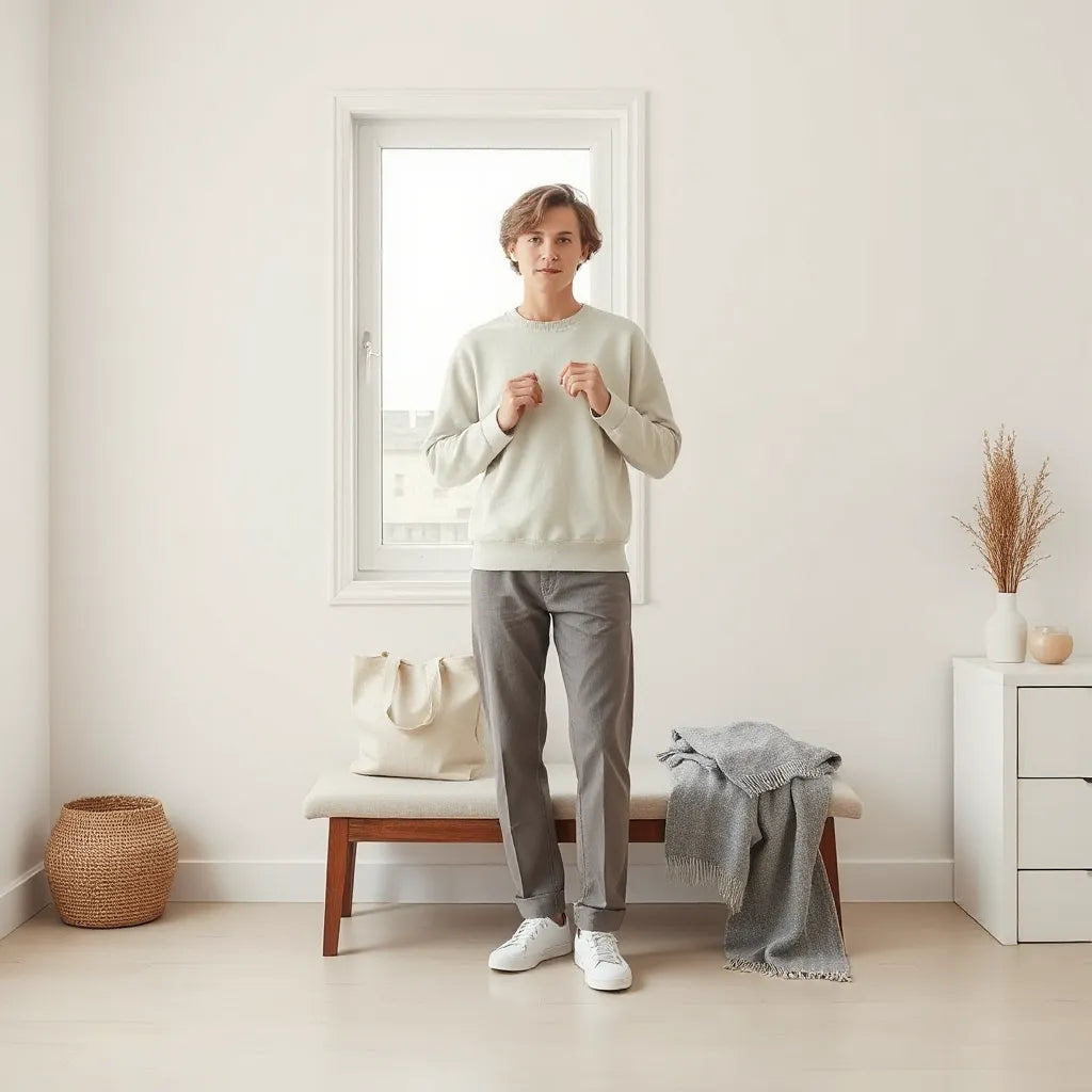 Person styling neutral outfit with subtle affirmation wear details in bright natural light