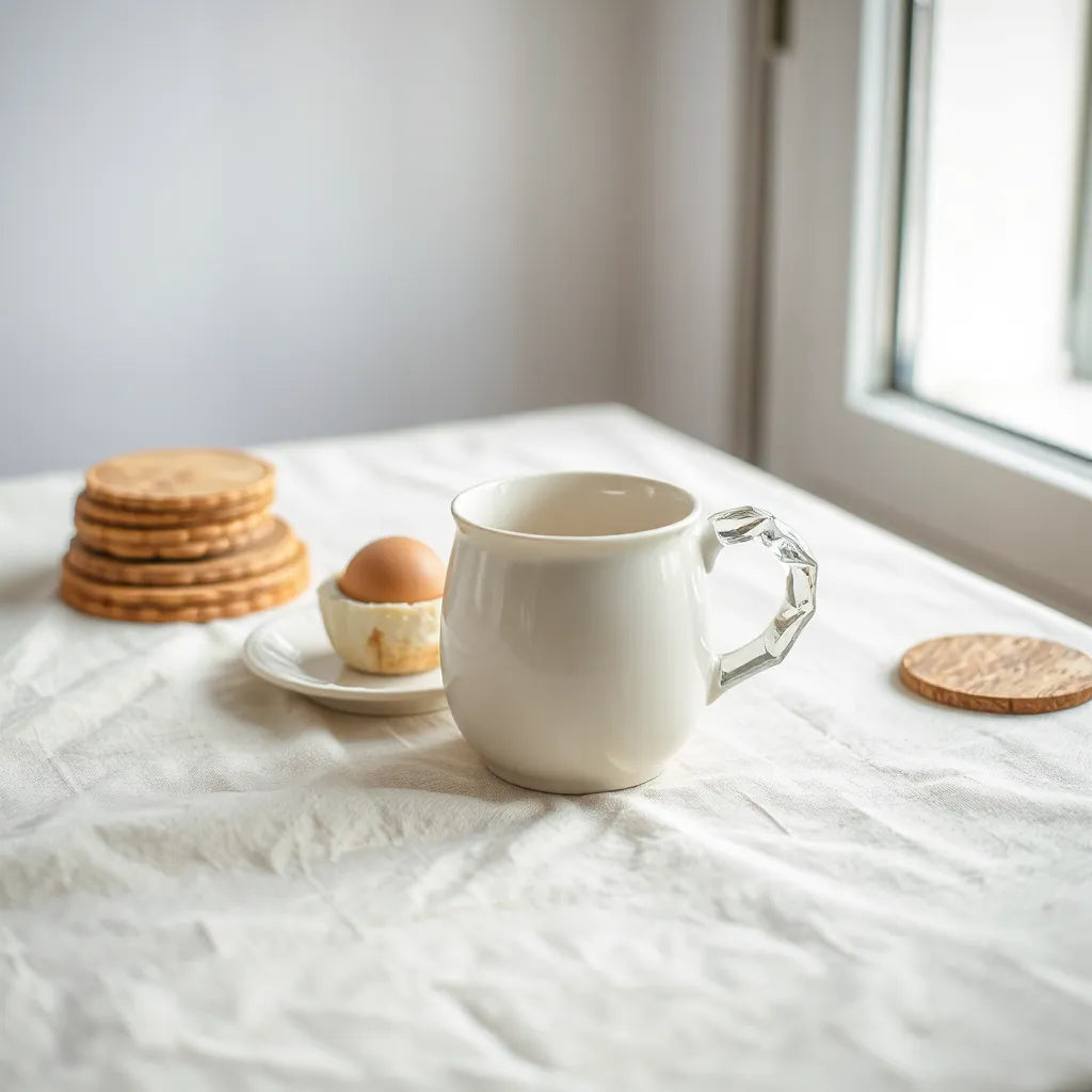 Cat-shaped ceramic mug with crystal-like accents on a linen table under soft natural light