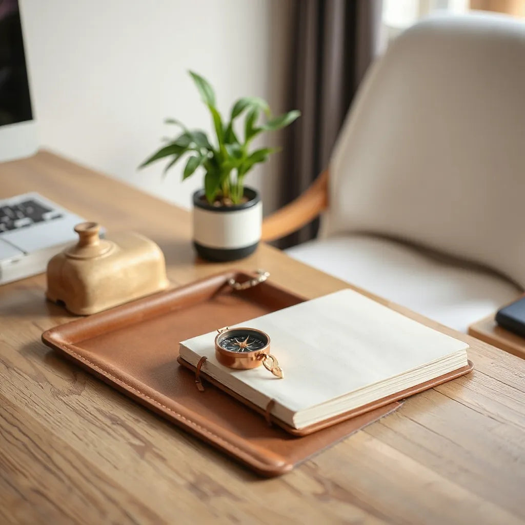 Warm-lit desk with journal, copper key and compass, and cozy membership workspace