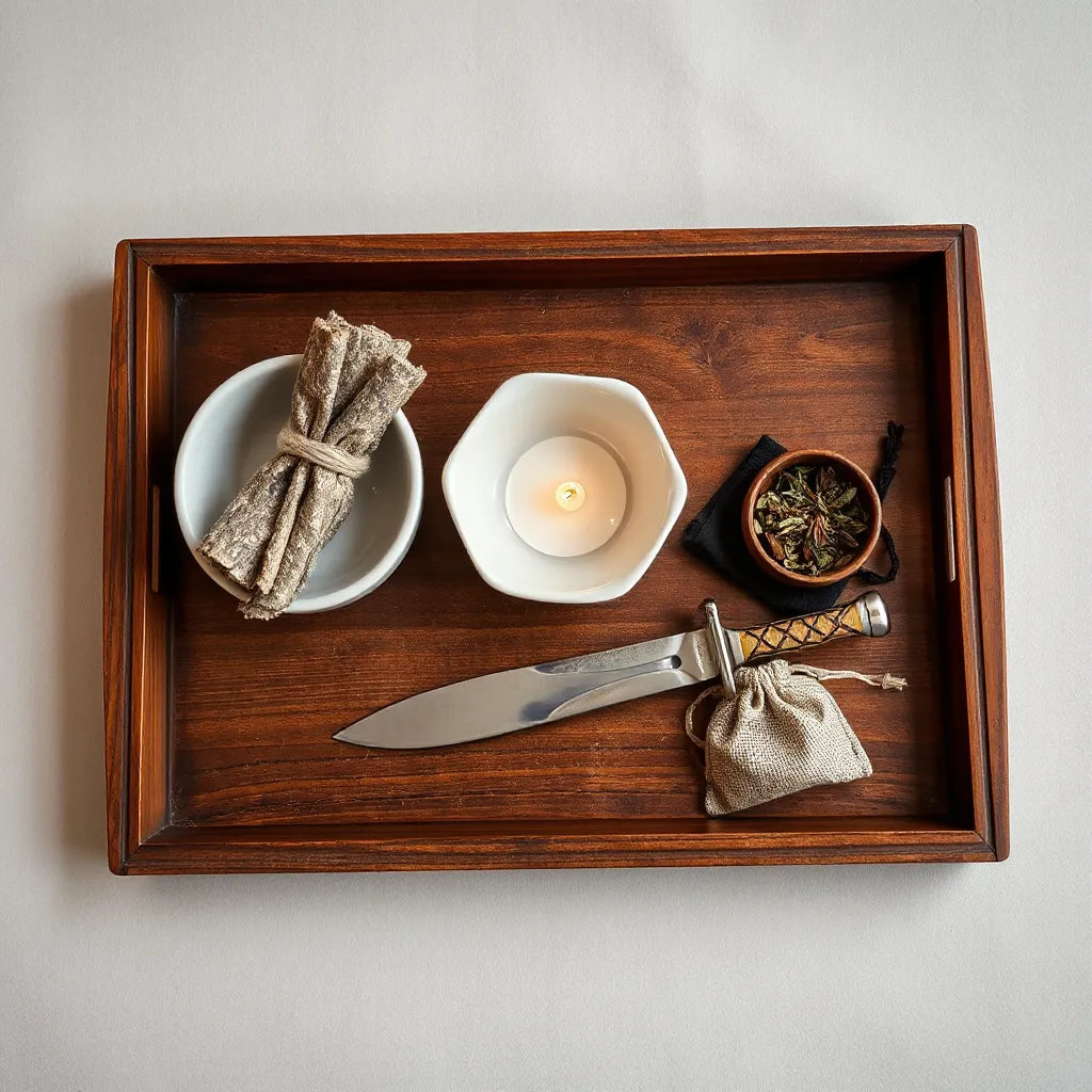 A candlelit tabletop ritual setup with ceremonial tools, herbs, and a wooden tray