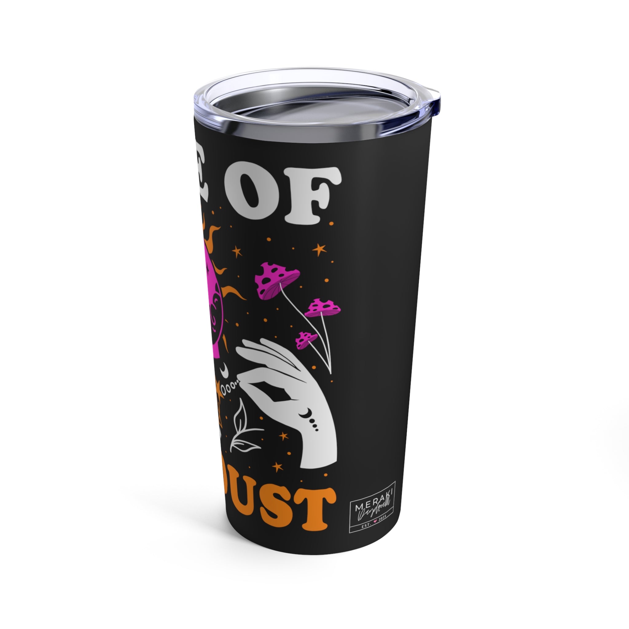 Angled shot of glossy tumbler with soft starry design and secure lid
