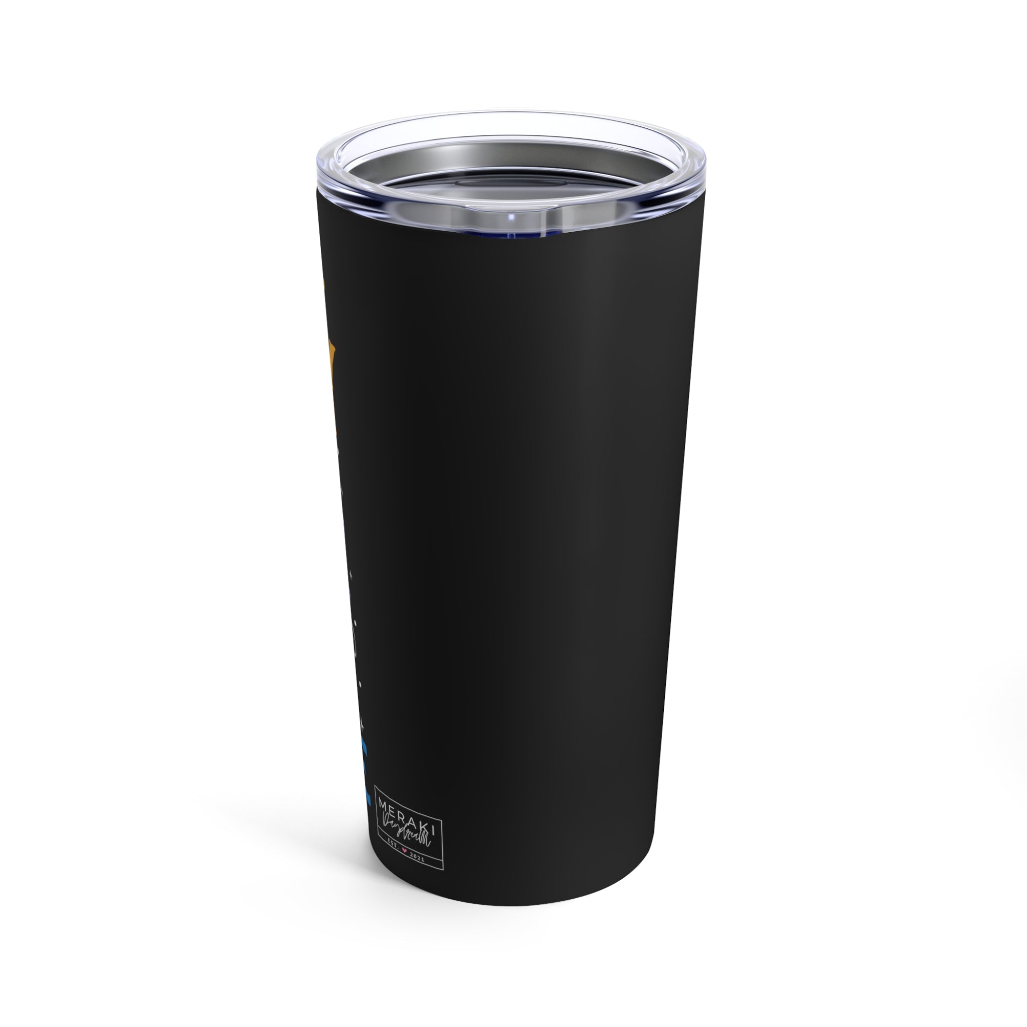 Back of 20oz stainless steel tumbler showing full wraparound retrograde print
