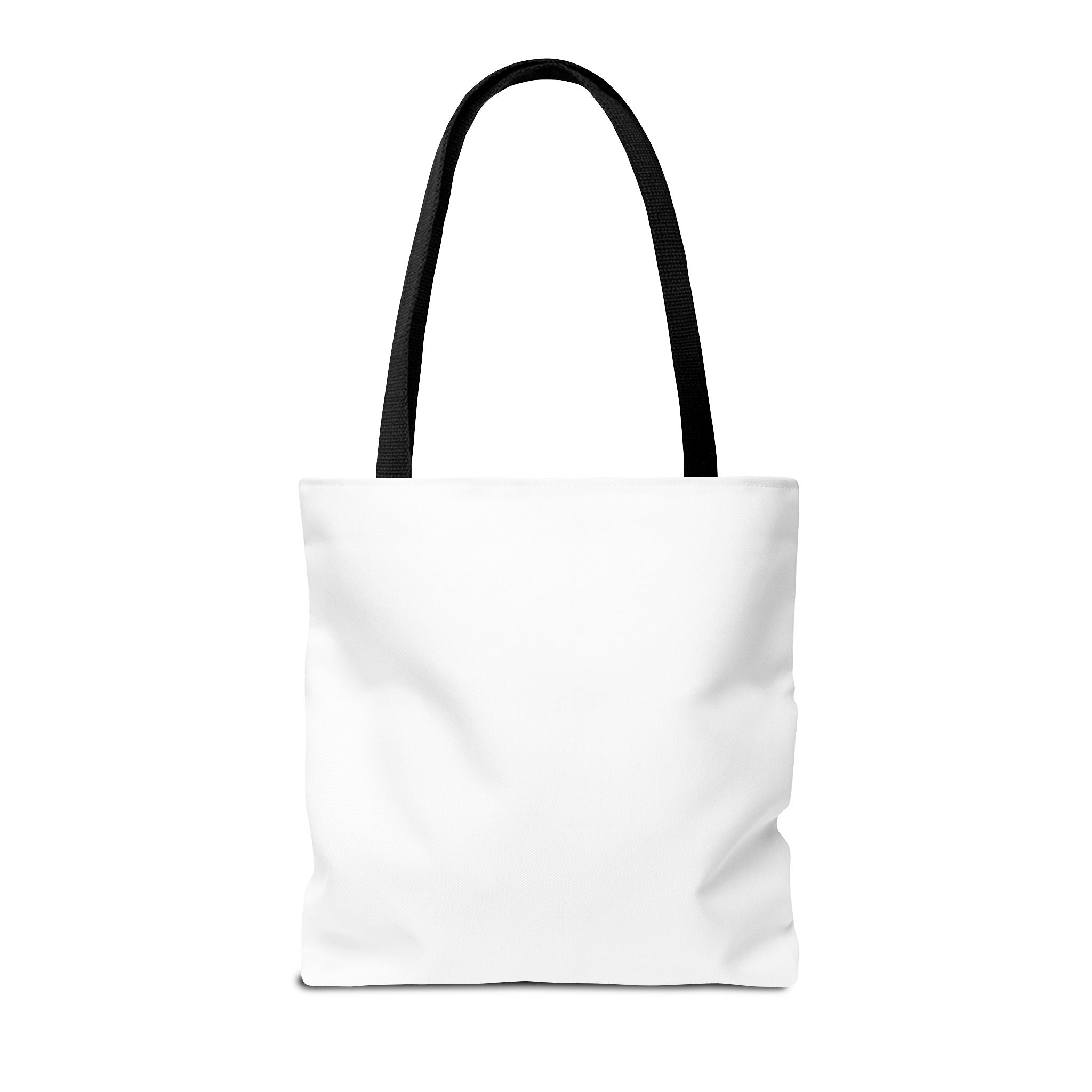"Back of black handle magical tote showing boxed corners and stitching"