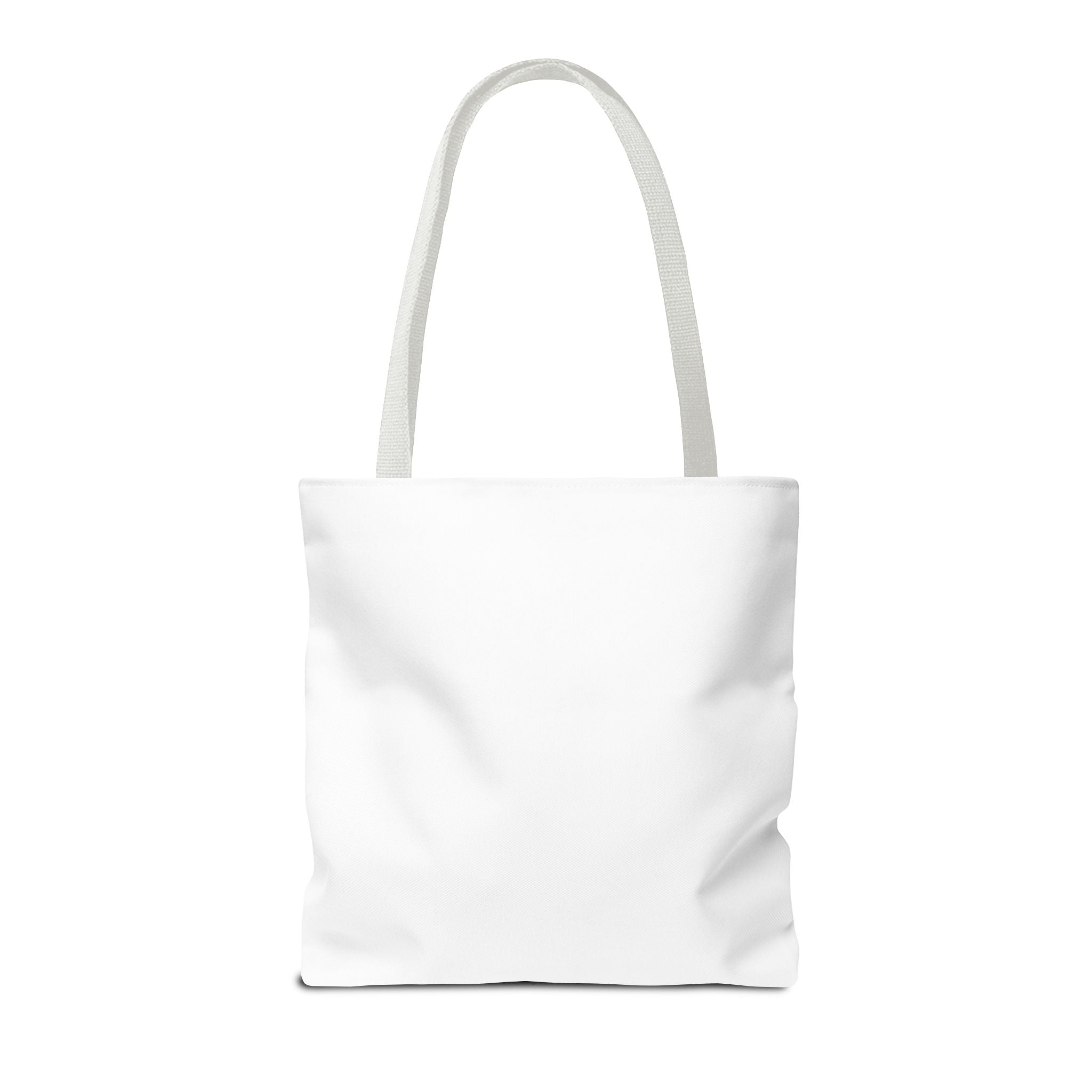 "Back of white handle tote bag showing stitching and boxed corners"