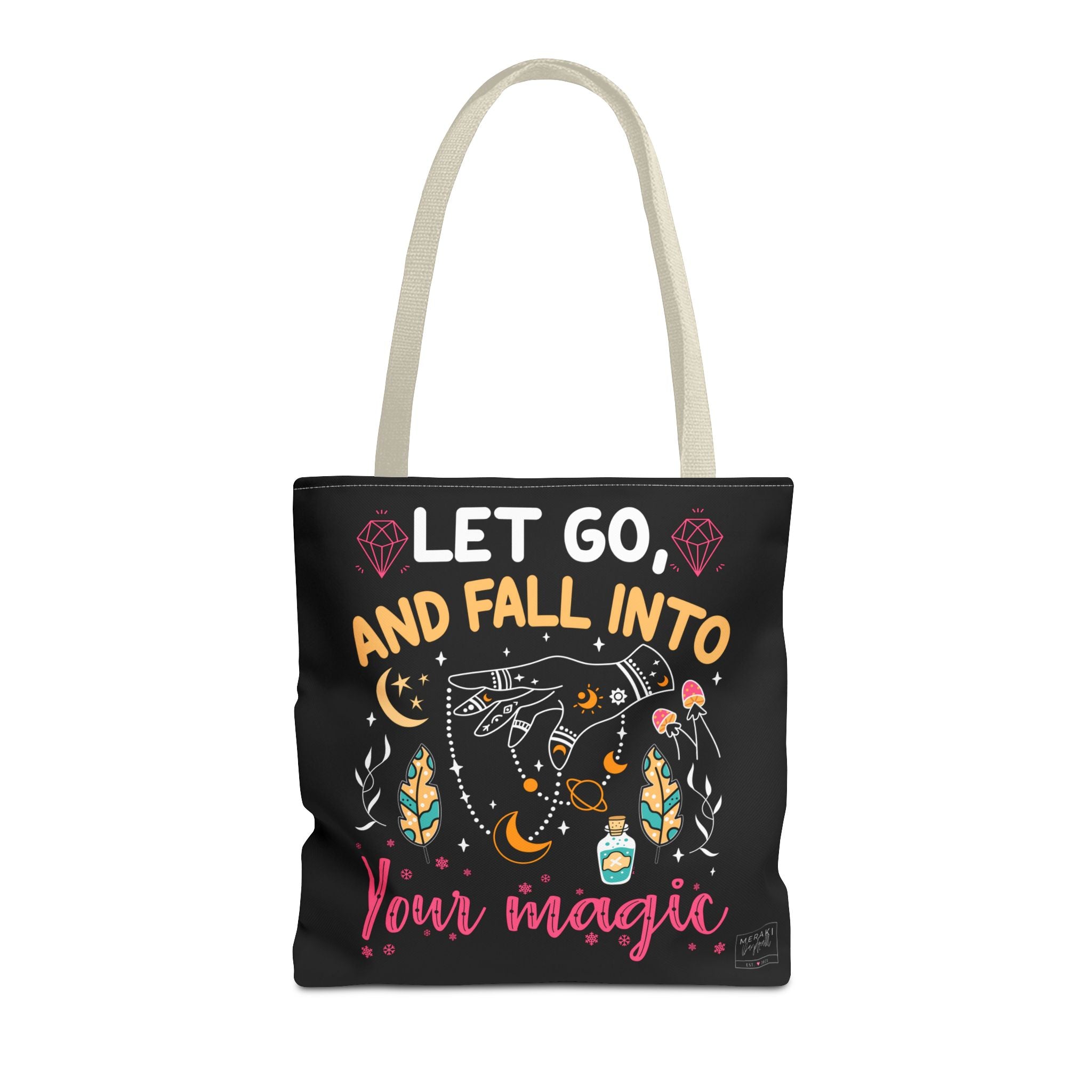 Beige handle tote bag with spiritual fall design