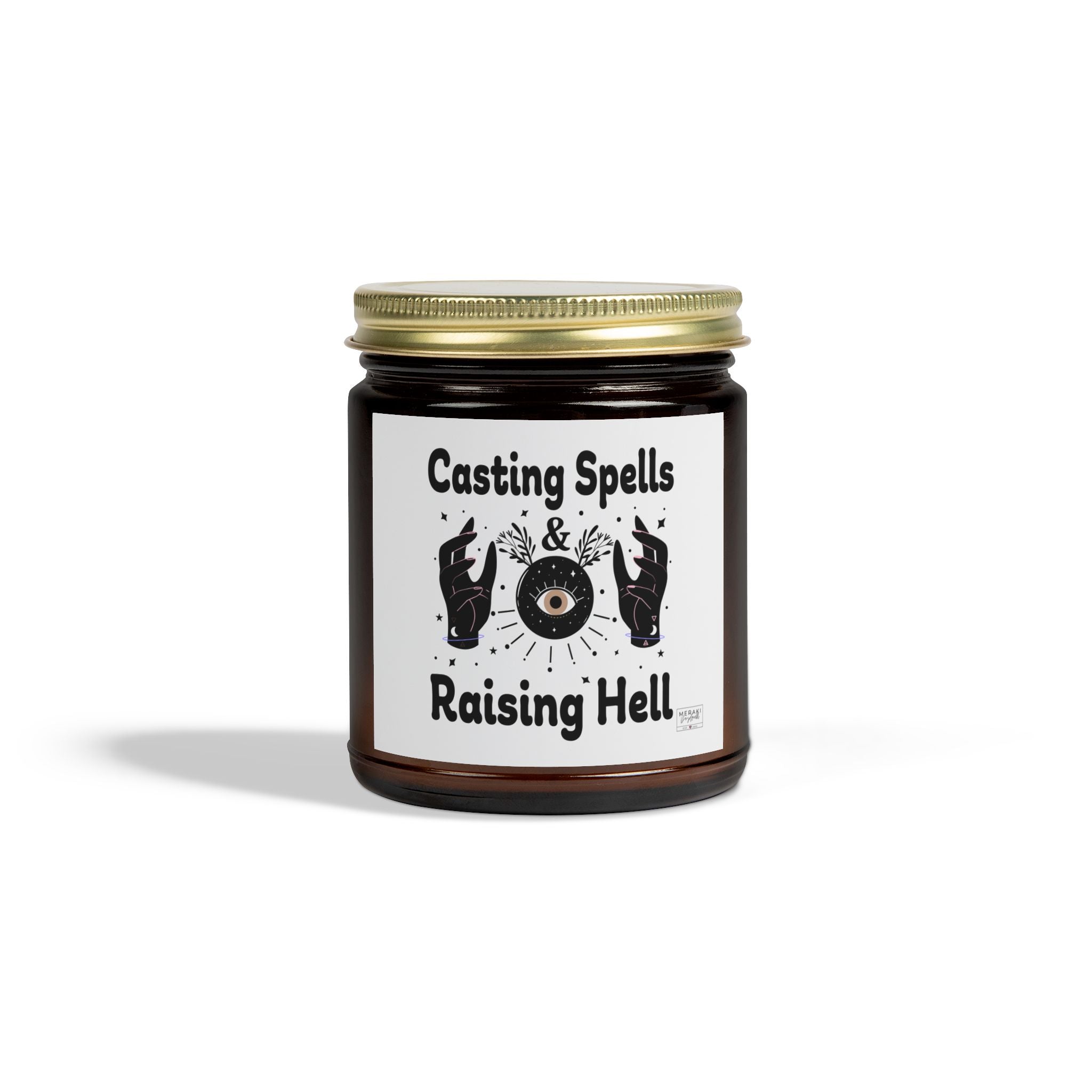 Casting Spells, Raising Hell candle in amber jar with gold lid