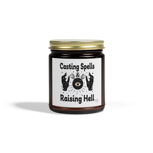 Casting Spells, Raising Hell candle in amber jar with gold lid