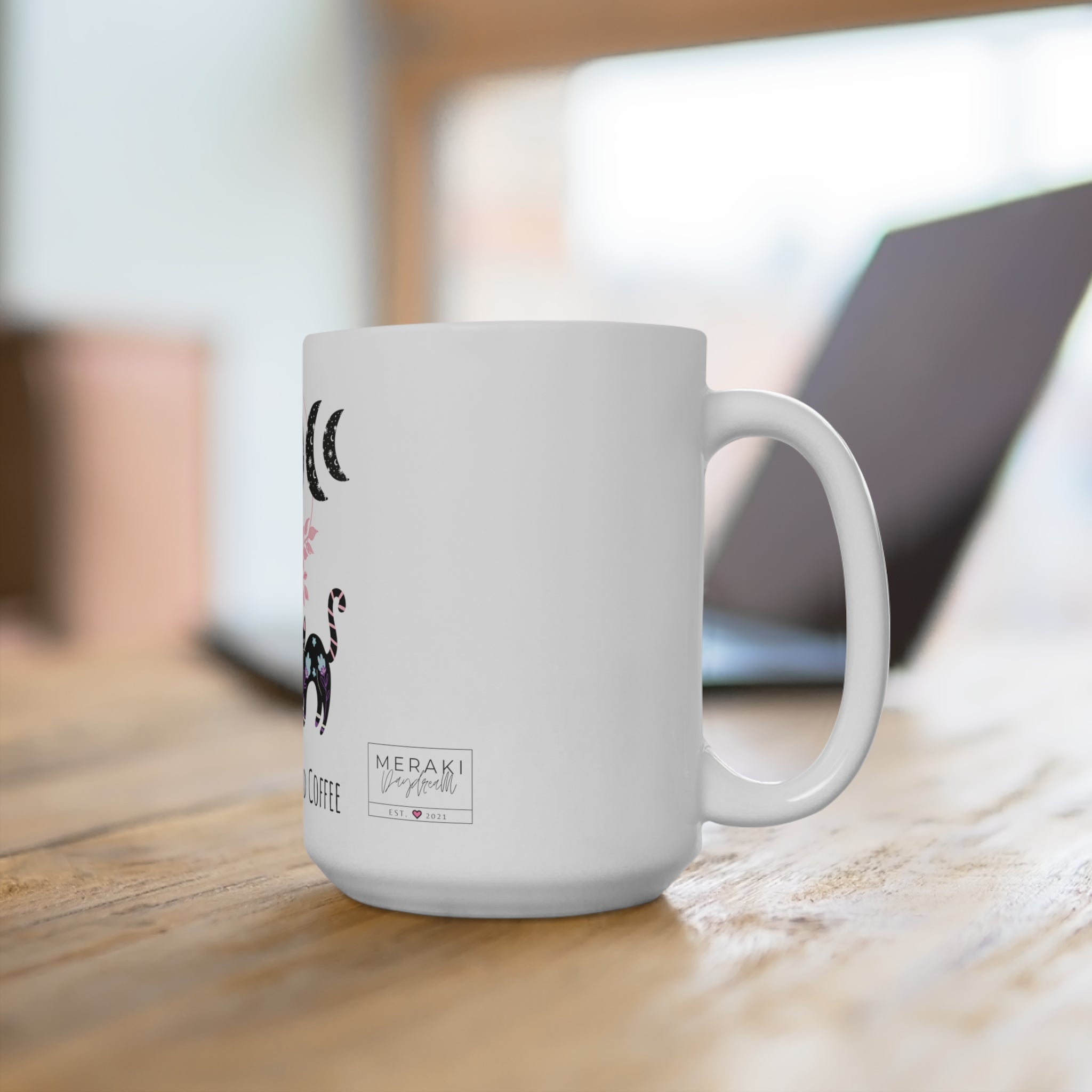 Ceramic mug in warm-toned kitchen with calming ritual setup