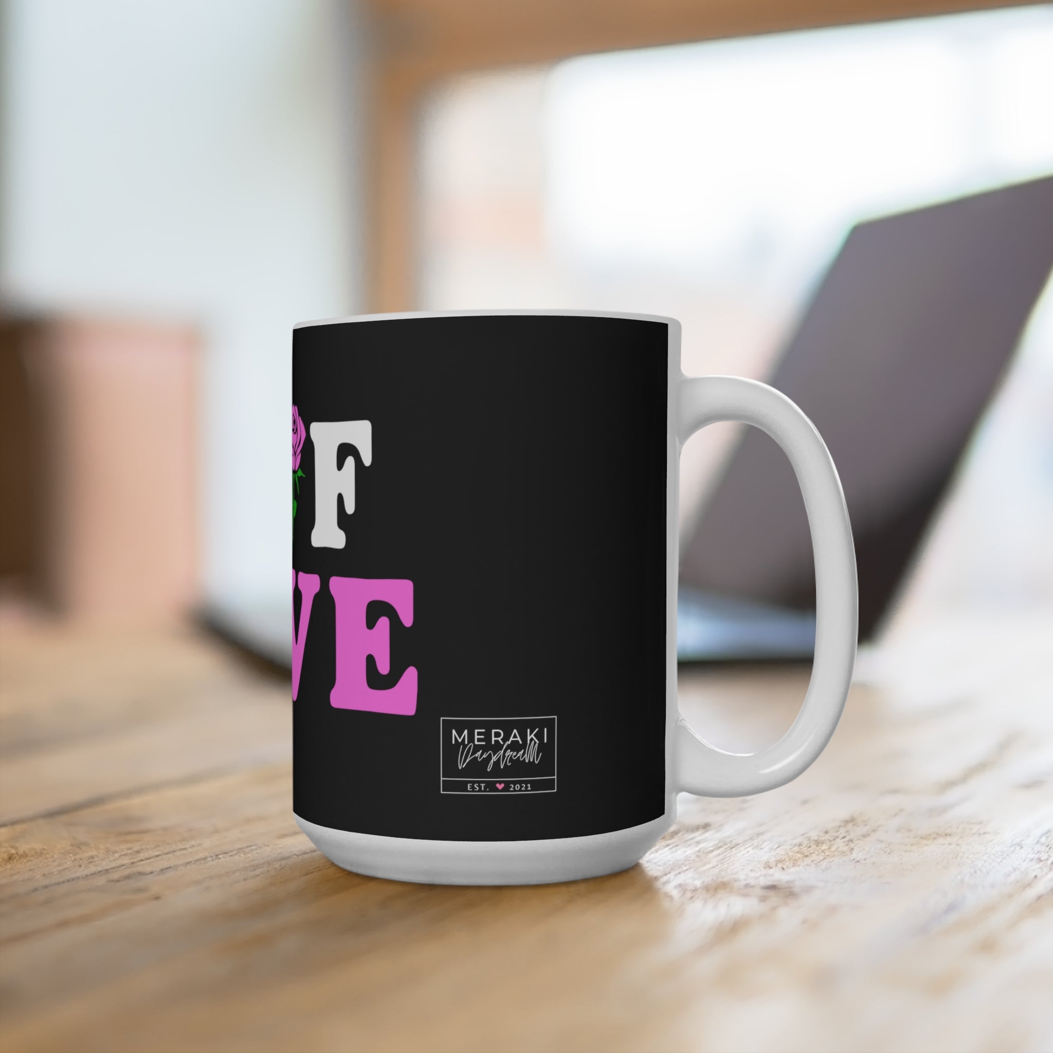 Ceramic self care mug in calming neutral-toned kitchen