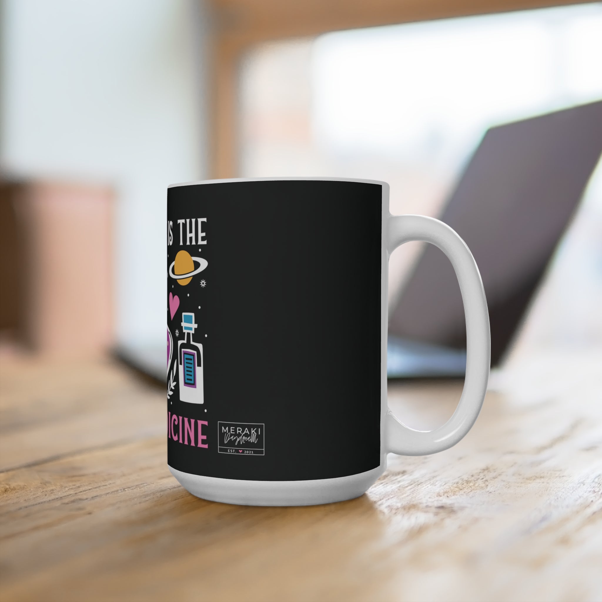 Emotional self-care mug in cozy kitchen window scene