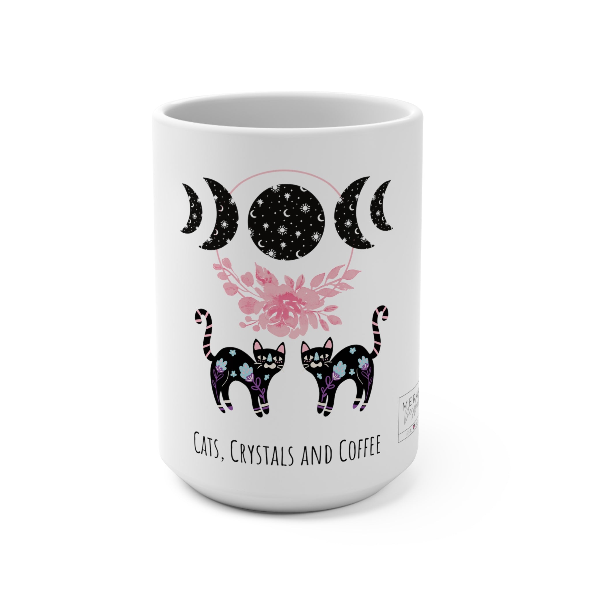 Front of Cats, Crystals, Coffee mug with witchy script on glossy ceramic