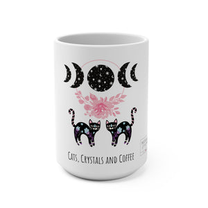 Front of Cats, Crystals, Coffee mug with witchy script on glossy ceramic