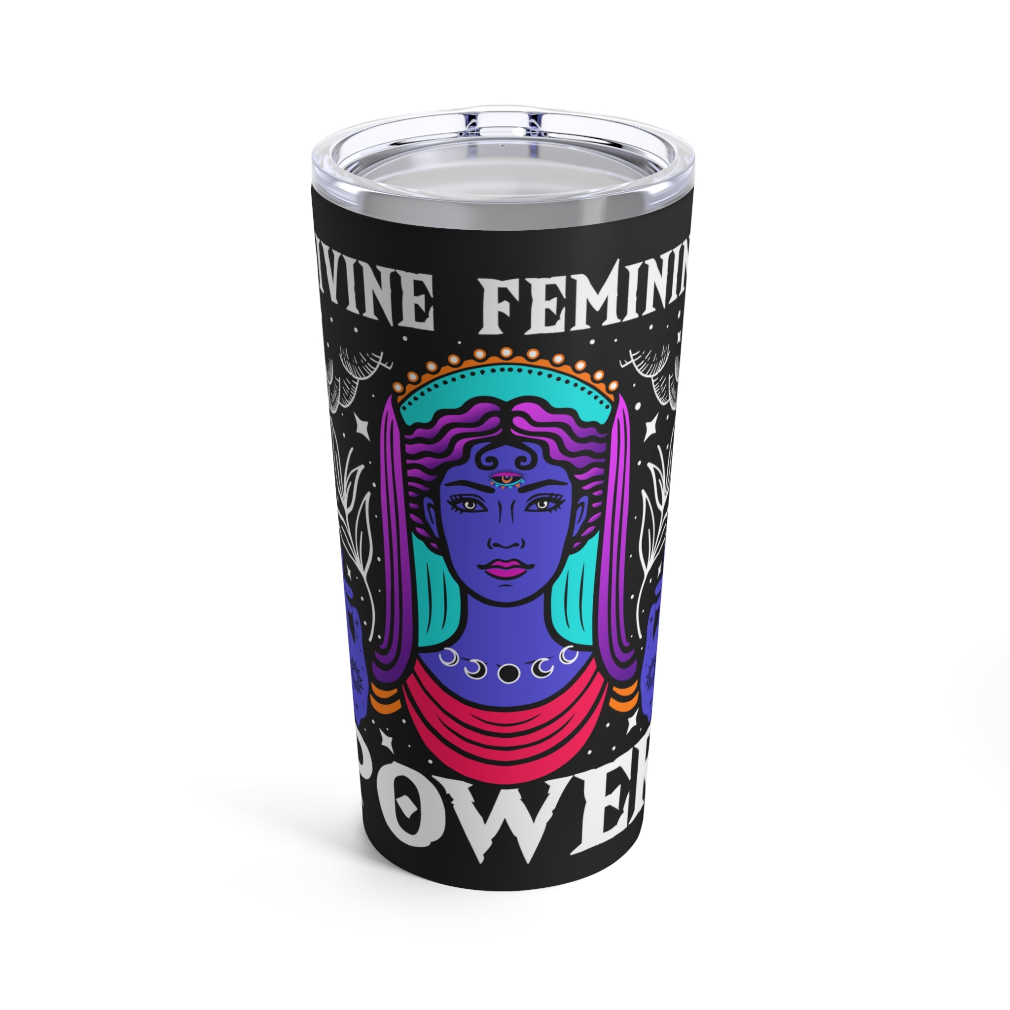 Front of Divine Feminine Power tumbler with soft spiritual design on glossy stainless steel