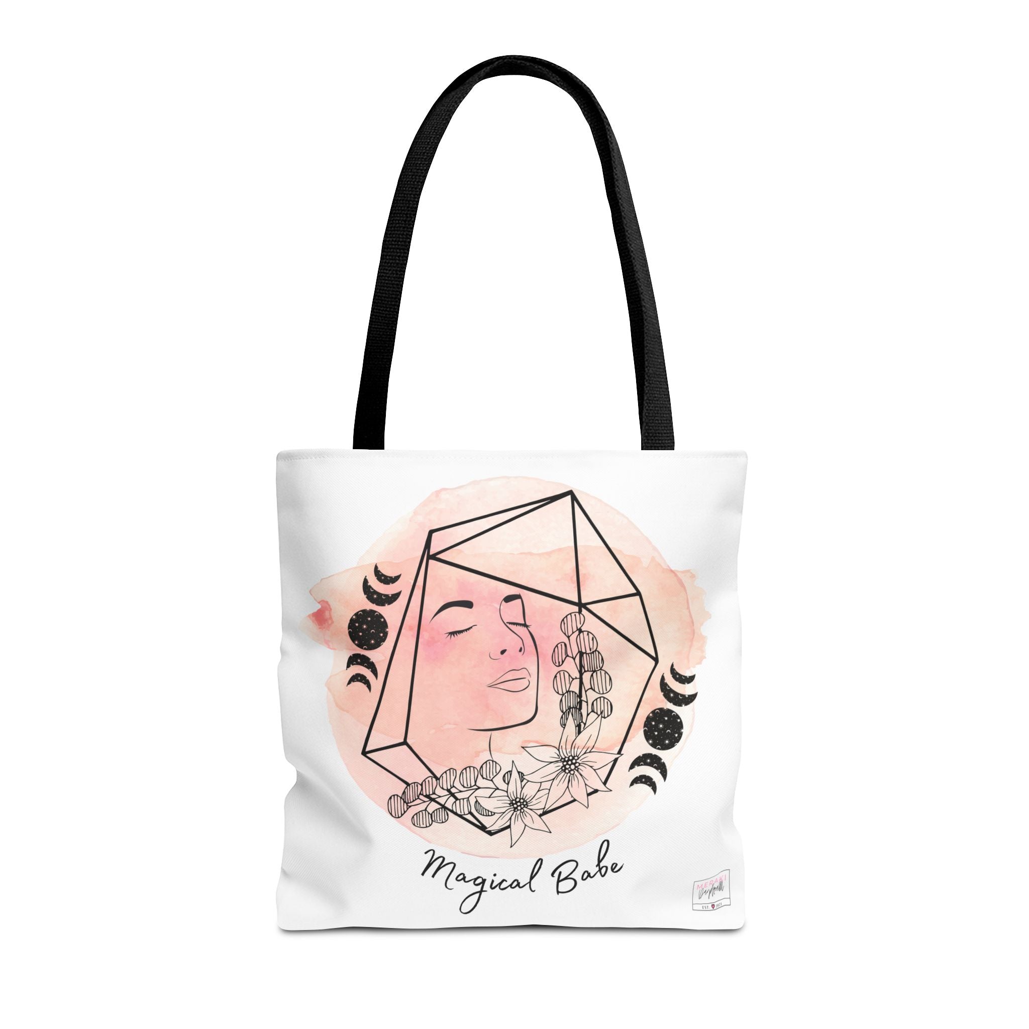 "Front of Magical Babe tote bag with black handles and bold spiritual text"