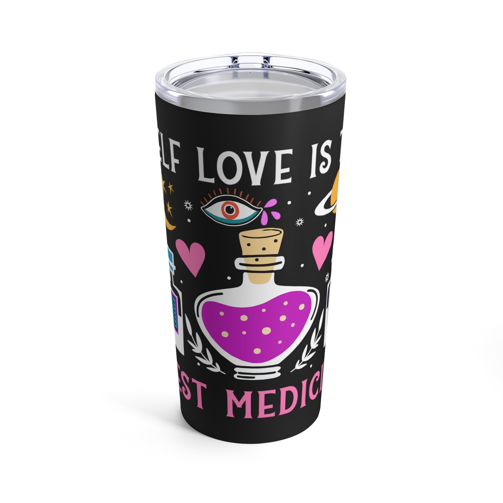Front of Self Love Medicine tumbler with soft affirmation on glossy wraparound finish