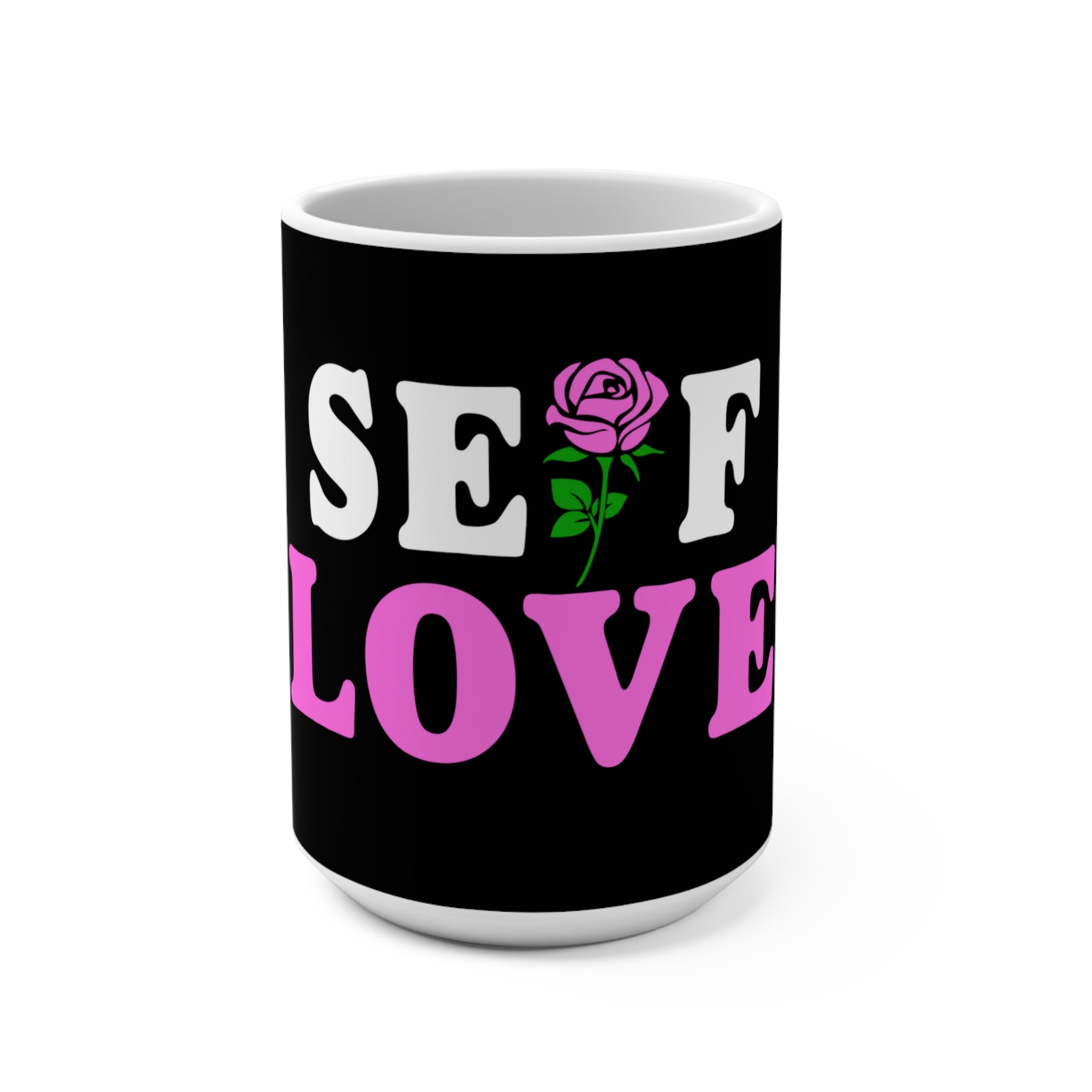 Front of Self Love mug with soft affirmation on glossy white ceramic