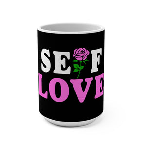 Front of Self Love mug with soft affirmation on glossy white ceramic