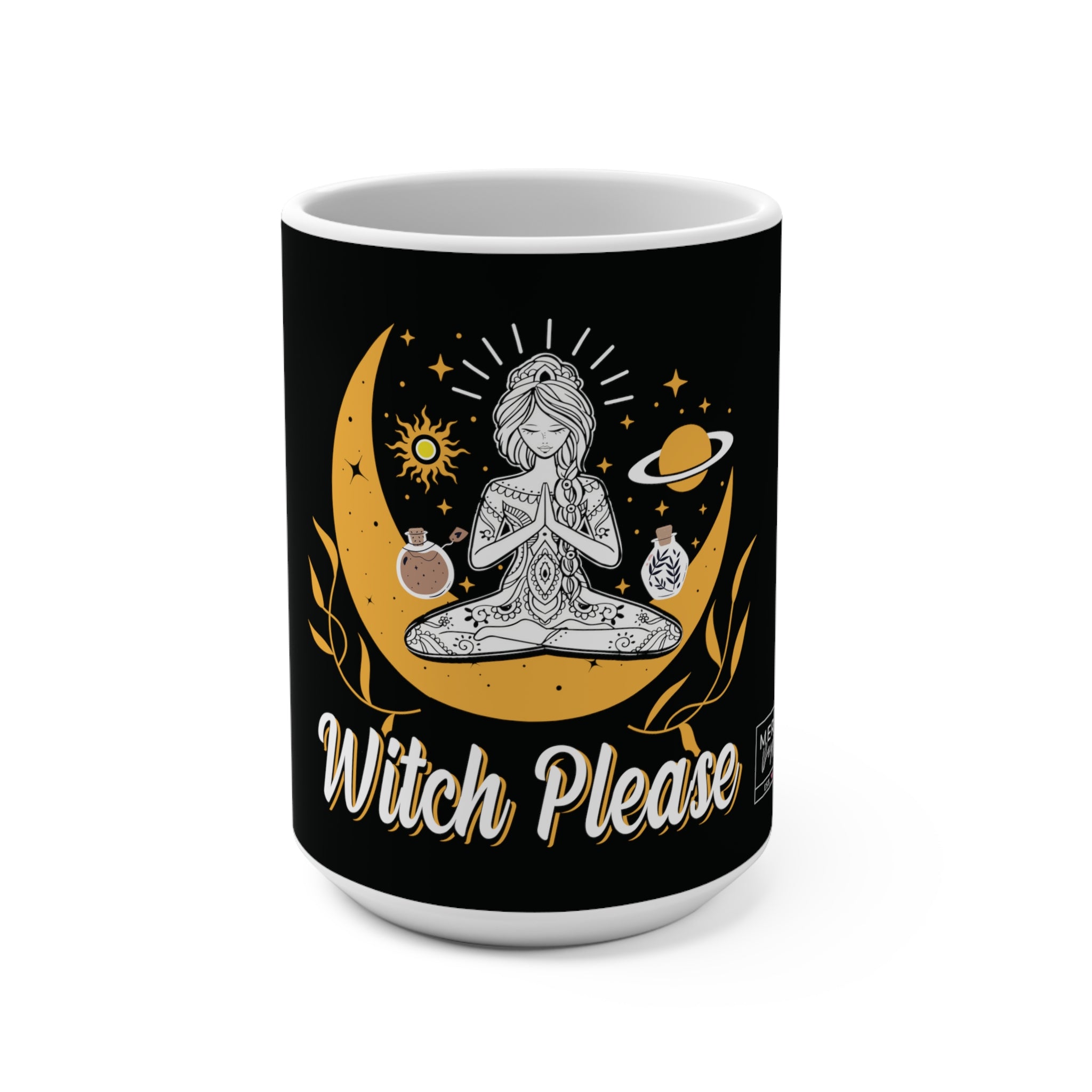 Front of Witch Please mug with bold witchy script on glossy white ceramic
