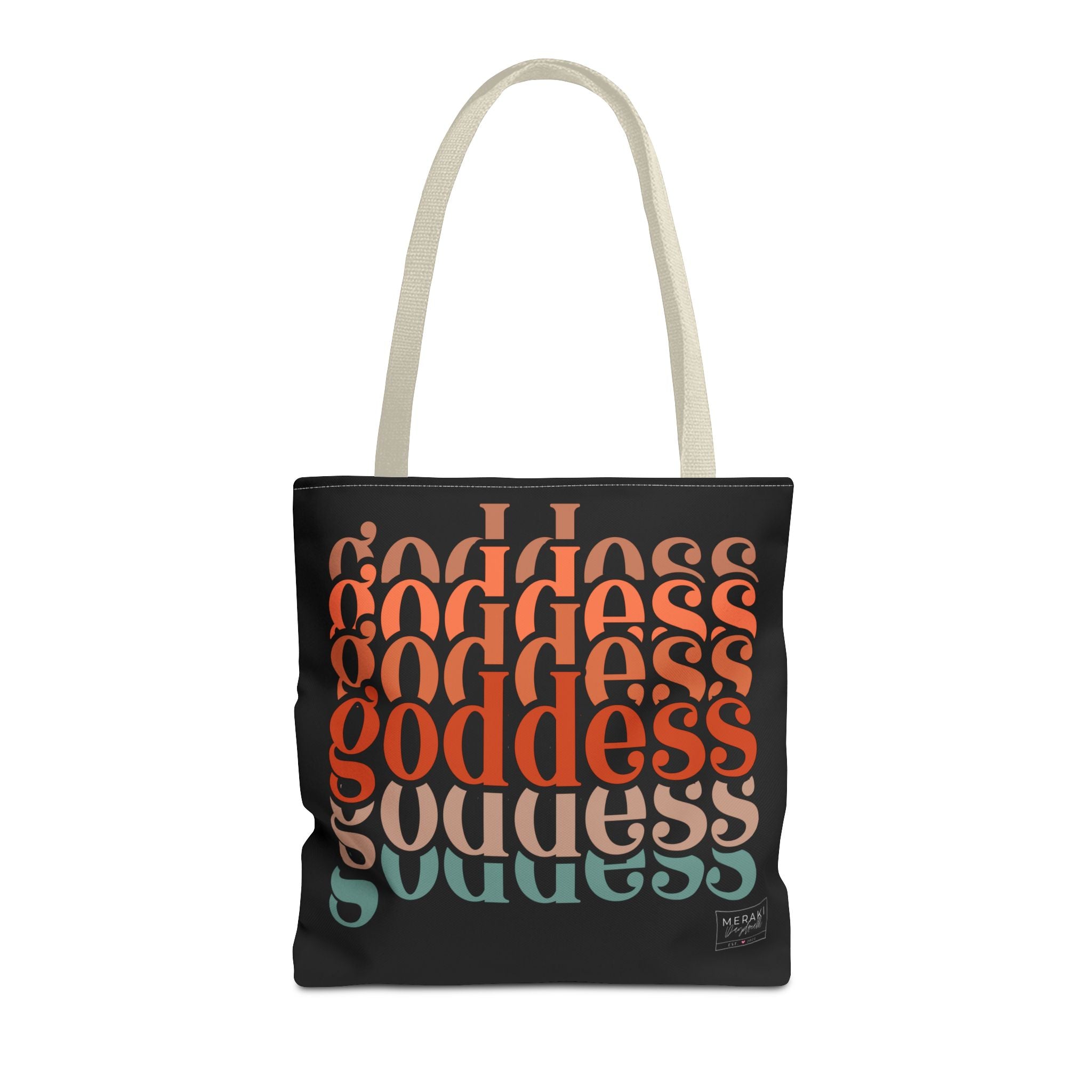 "Front of beige handle Goddess tote bag with soft divine print and structure"