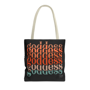 "Front of beige handle Goddess tote bag with soft divine print and structure"