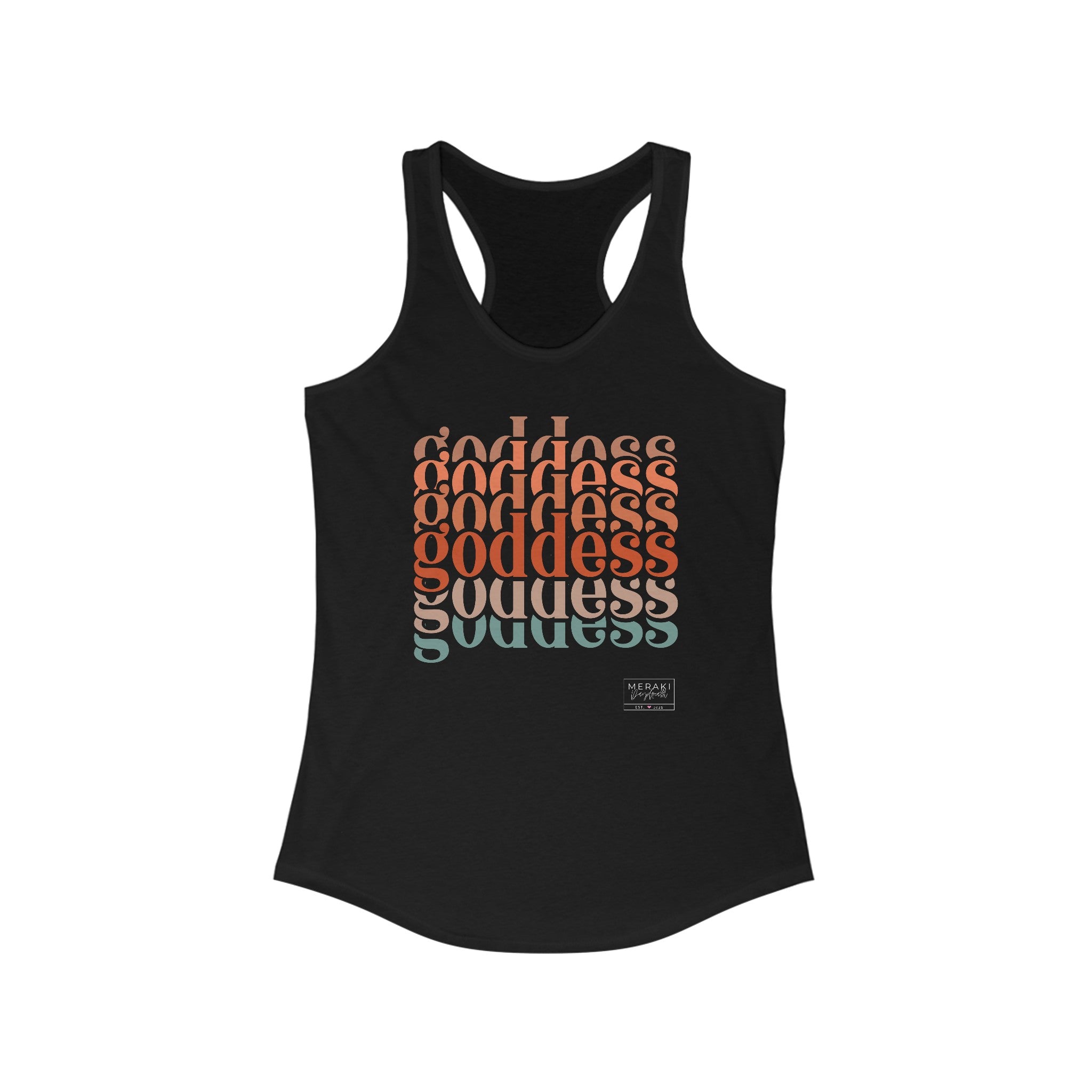 "Front of black Goddess tank top with divine feminine text design and scoop neckline"
