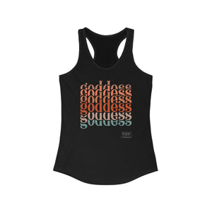 "Front of black Goddess tank top with divine feminine text design and scoop neckline"