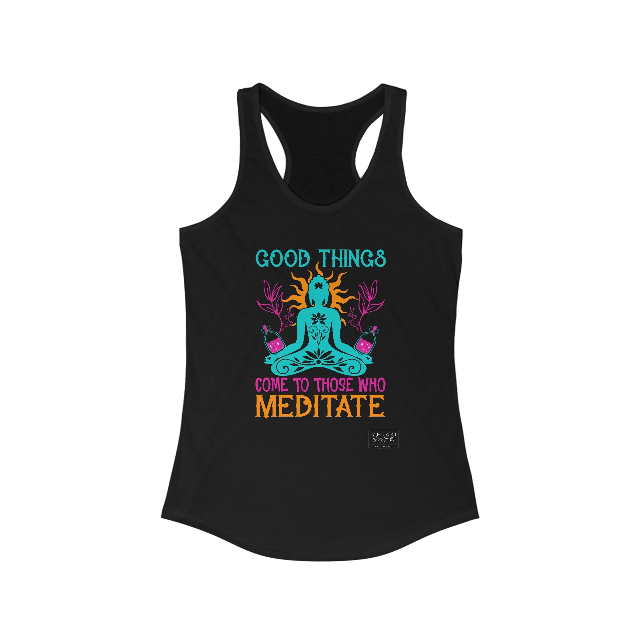 Front of black Meditation tank top with minimalist spiritual design