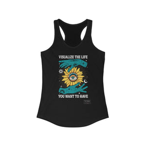 Front of black Visualize The Life tank top with bold script affirmation