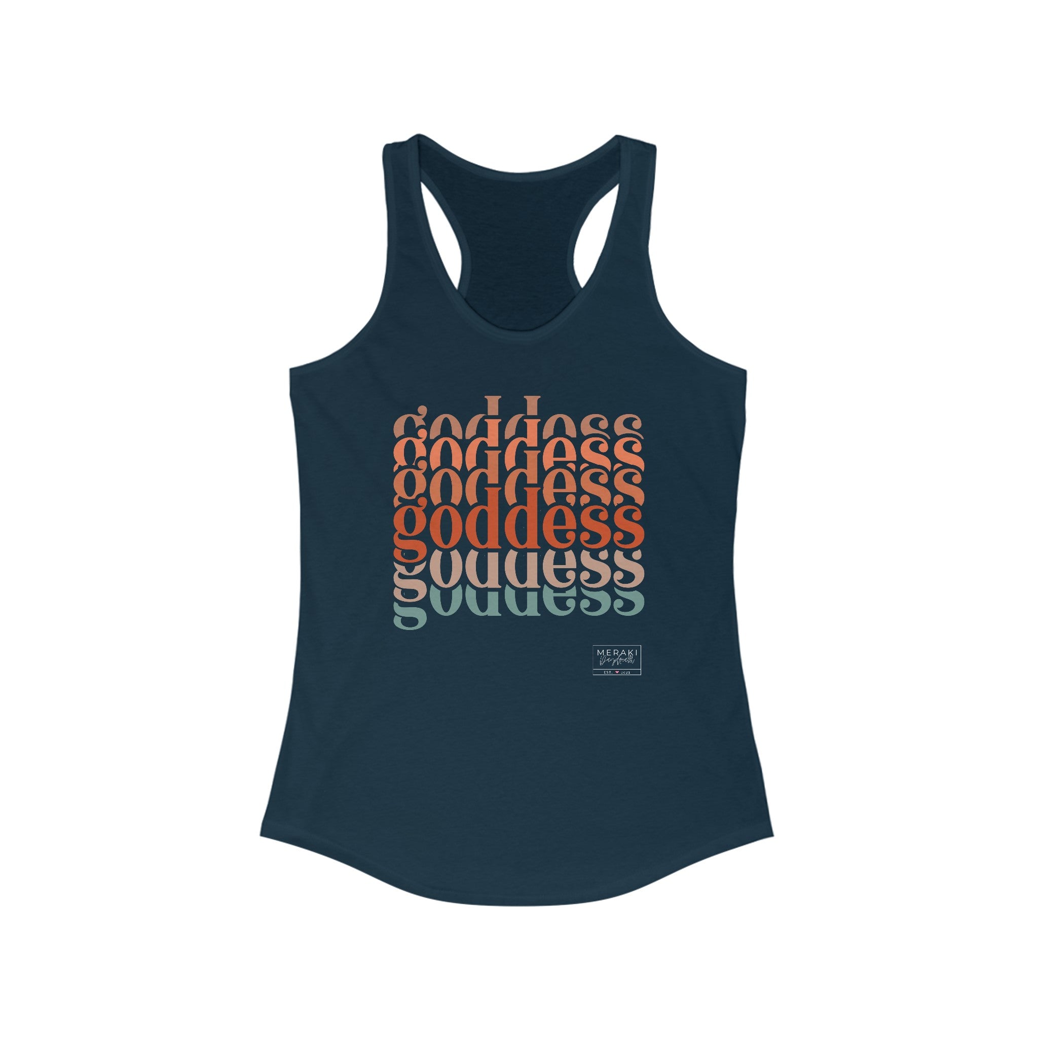 Front of navy Goddess tank top with slim fit and feminine energy message