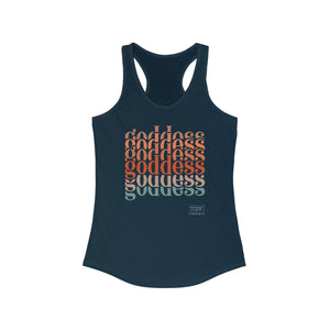 Front of navy Goddess tank top with slim fit and feminine energy message