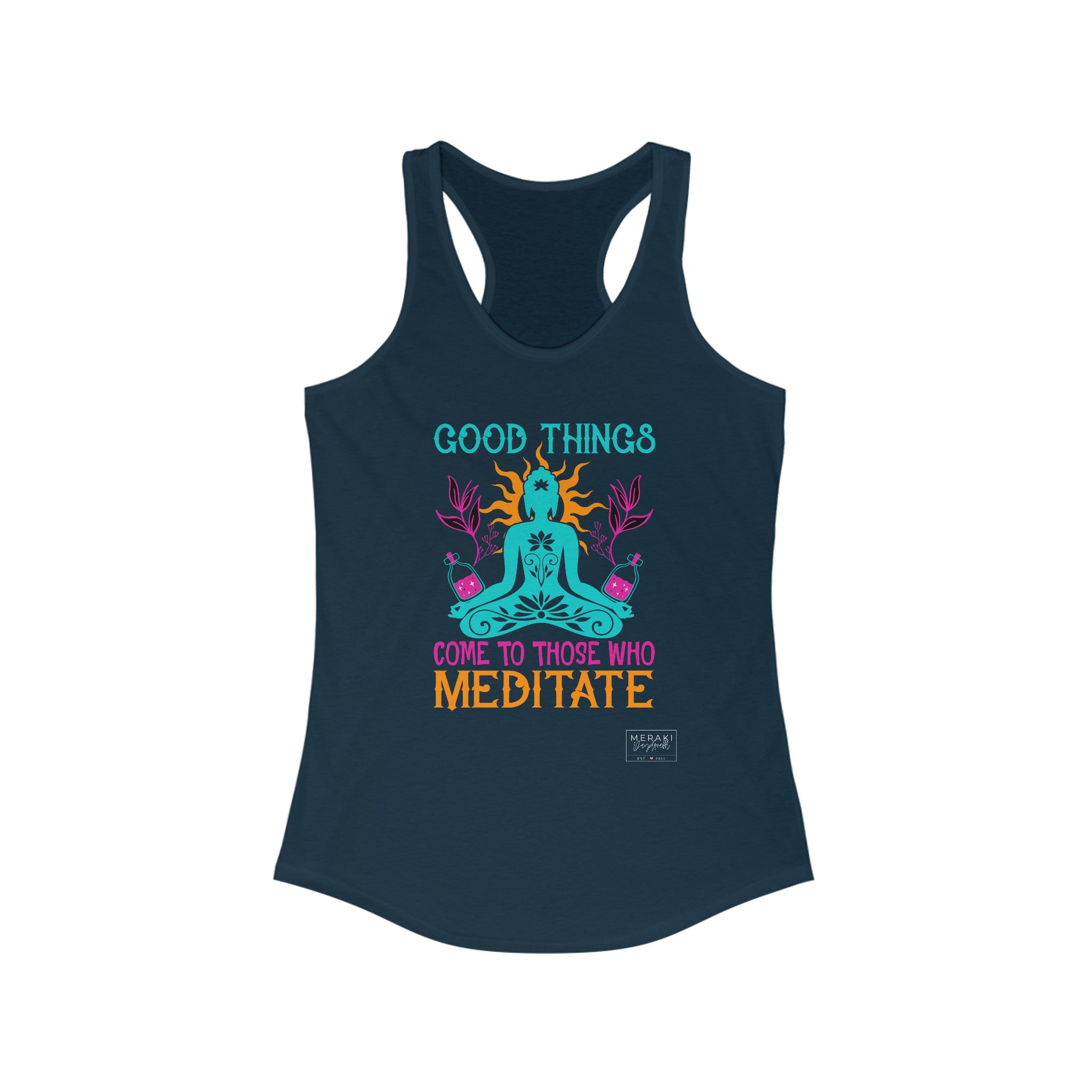 Front of navy Meditation tank top with calm energy graphic
