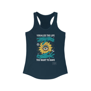 Front of navy Visualize The Life tank top with clear vision design