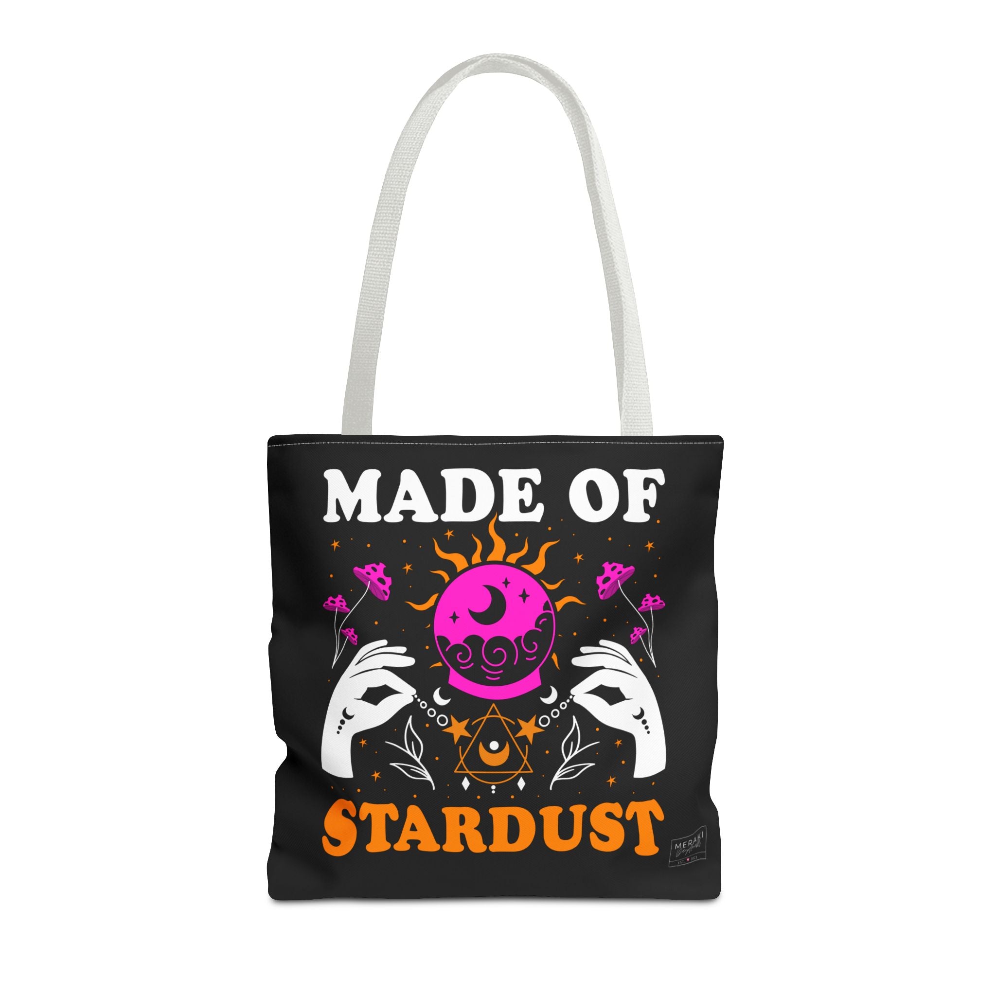 Front of white handle Made of Stardust tote with soft spiritual print