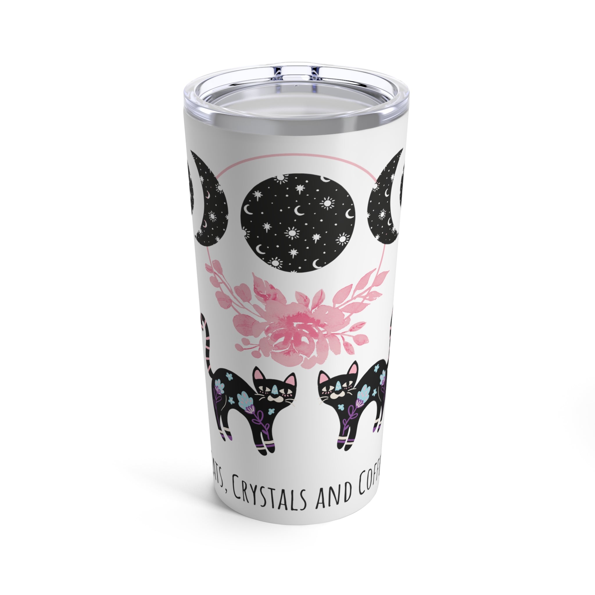 Front view of Cats, Crystals, Coffee tumbler with cozy witchy design