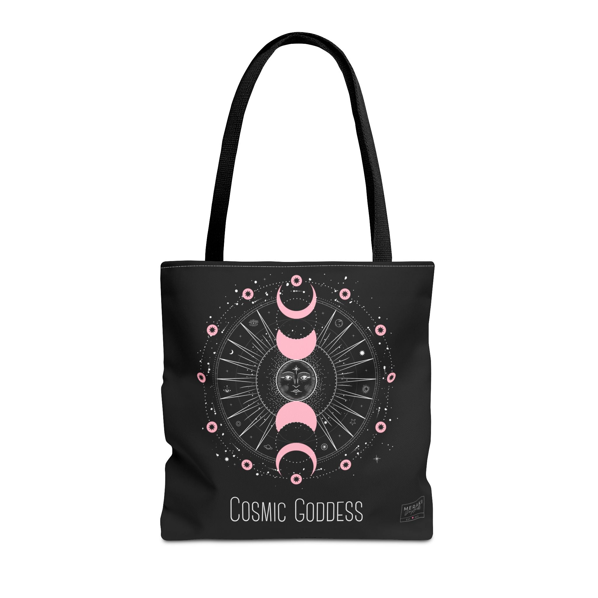 Front view of Cosmic Goddess tote bag with black handles and celestial print