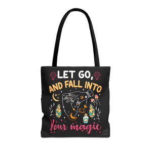 Front view of Fall Into Your Magic tote bag with black handles