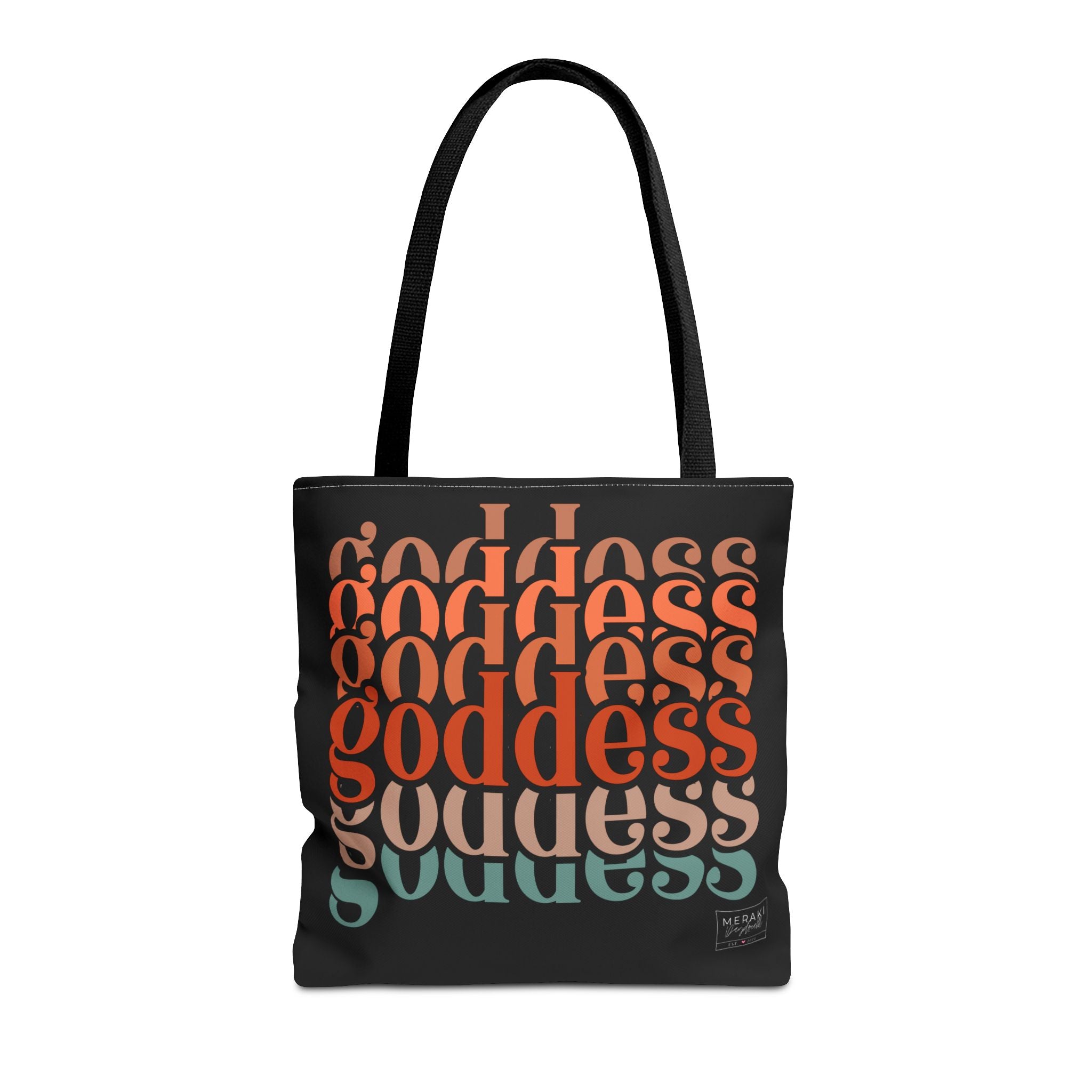 "Front view of Goddess tote bag with black handles and soft feminine script"