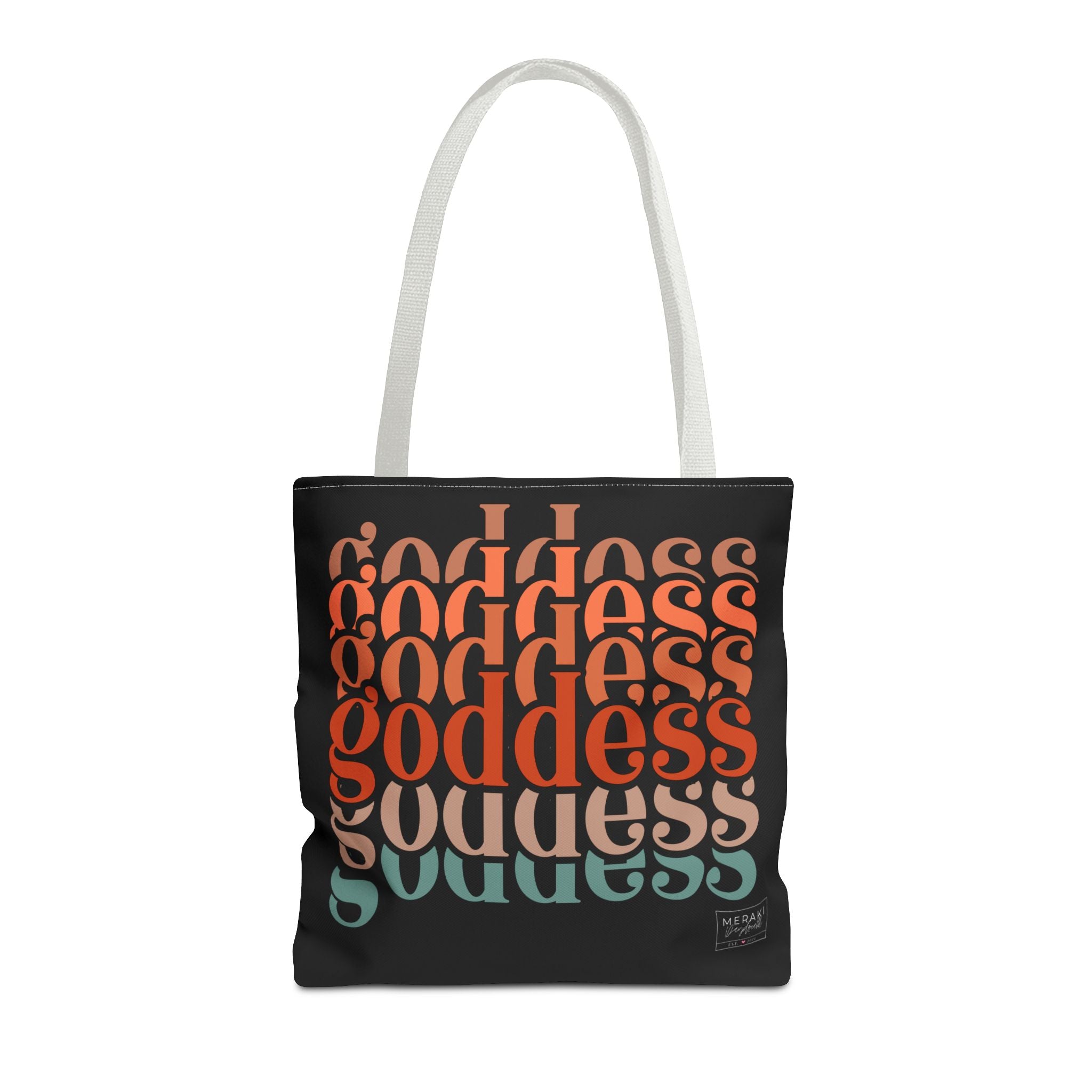 "Front view of Goddess tote with white handles and soft energy message"