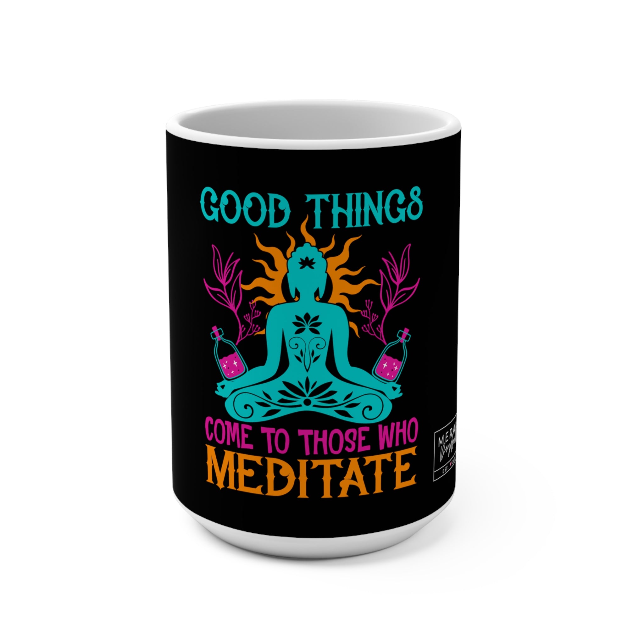 Front view of Meditation mug with calming spiritual design on glossy ceramic
