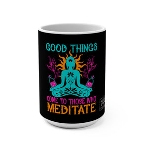 Front view of Meditation mug with calming spiritual design on glossy ceramic