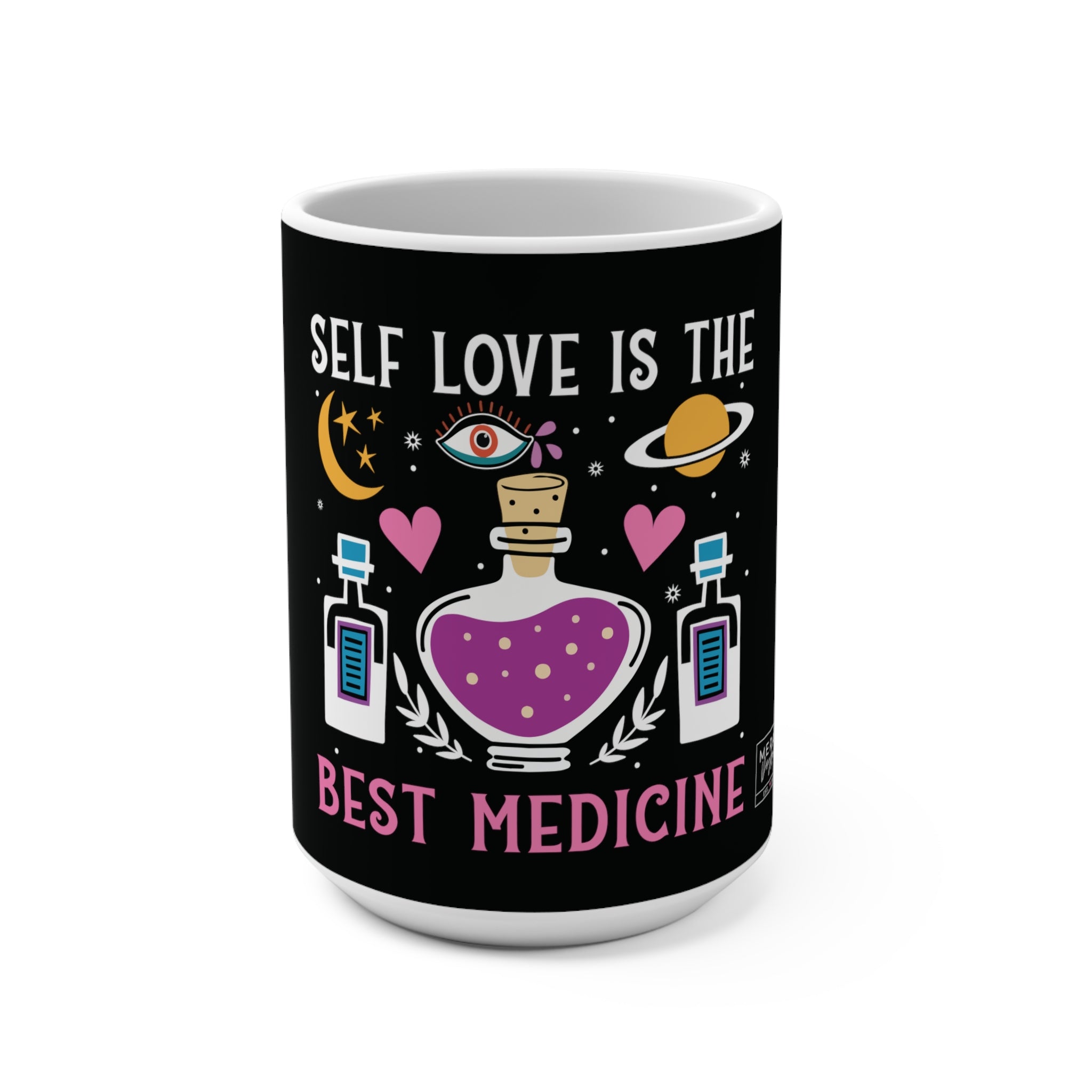 Front view of Self Love Medicine mug with soft spiritual affirmation on glossy ceramic