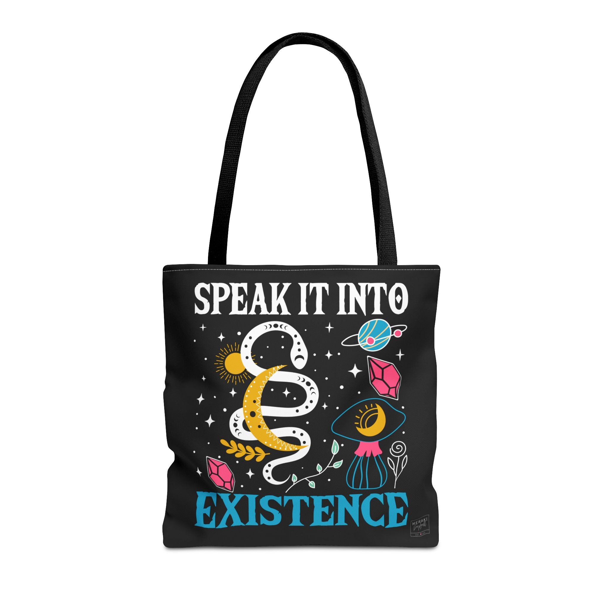 Front view of Speak It Into Existence tote bag with black handles