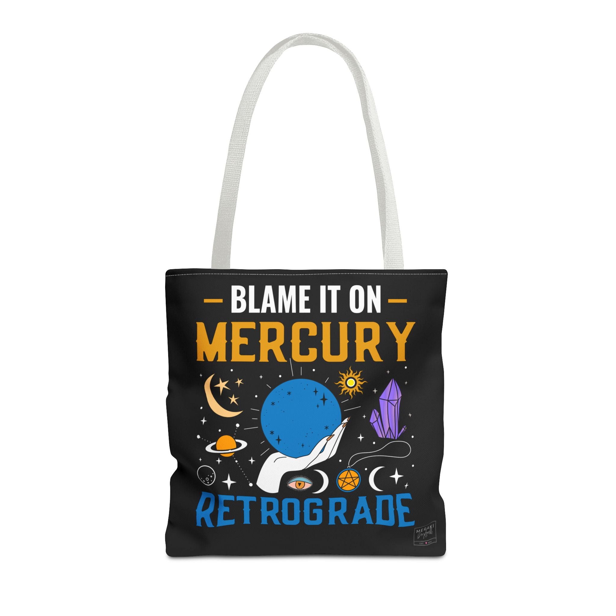 Front view of white handle Mercury retrograde tote with cosmic-themed script