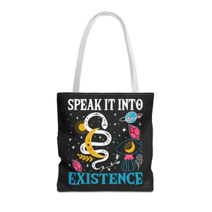 Front view of white handle Speak It Into Existence tote with clean design