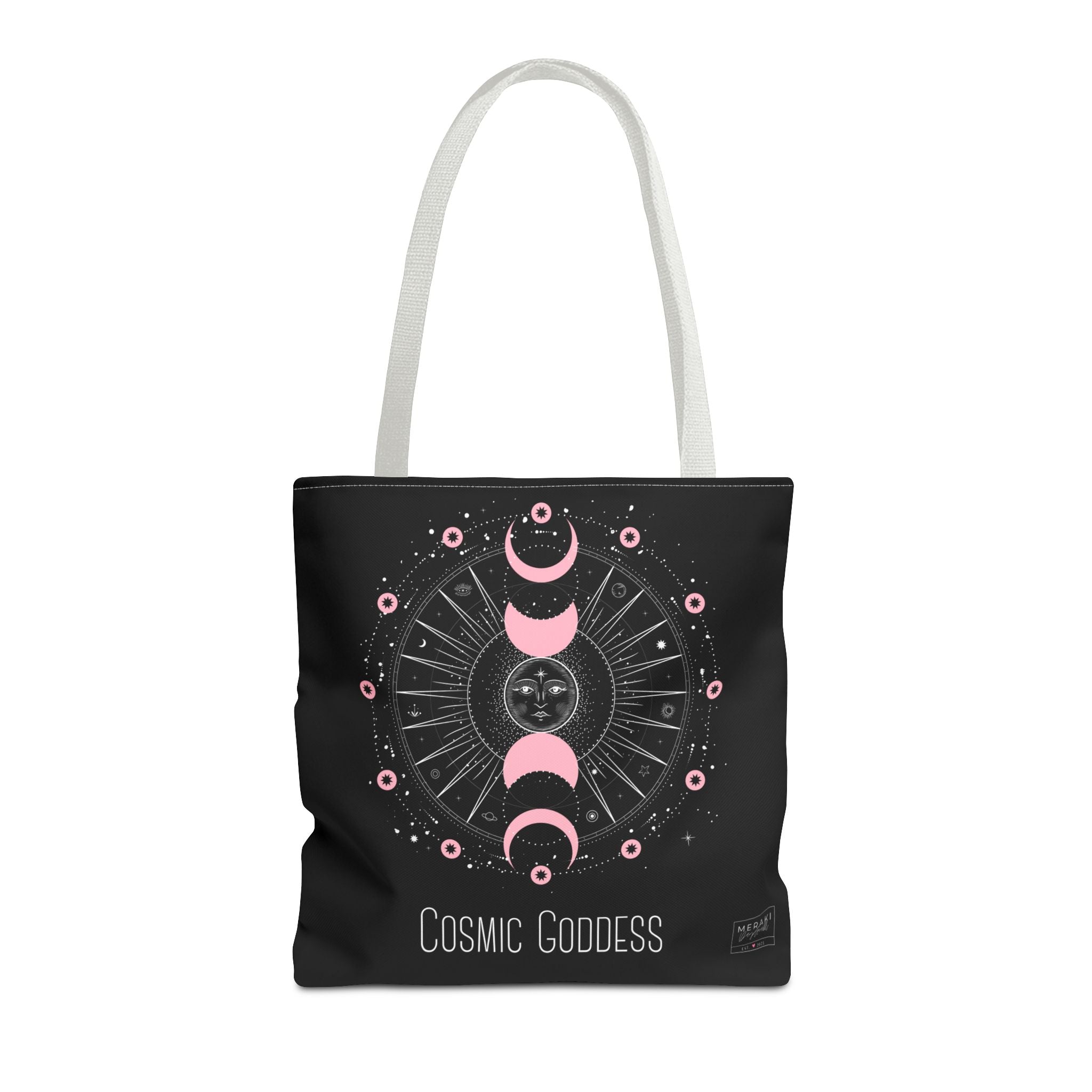 Front view of white handle goddess tote bag with cosmic symbols