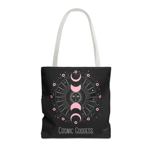 Front view of white handle goddess tote bag with cosmic symbols