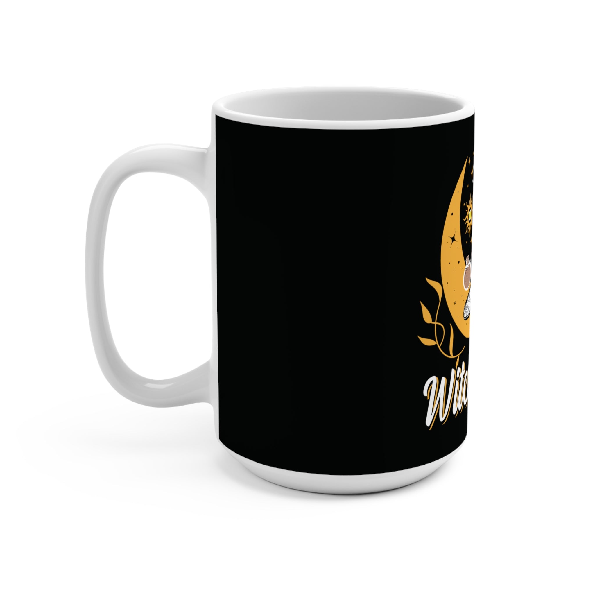 Glossy mug with cheeky spiritual print next to herbs and incense