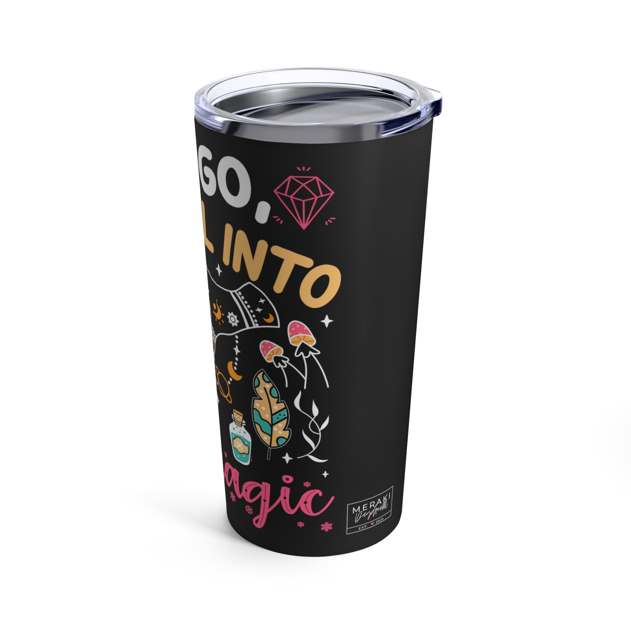 Glossy tumbler with cozy tones and stainless steel base from side angle