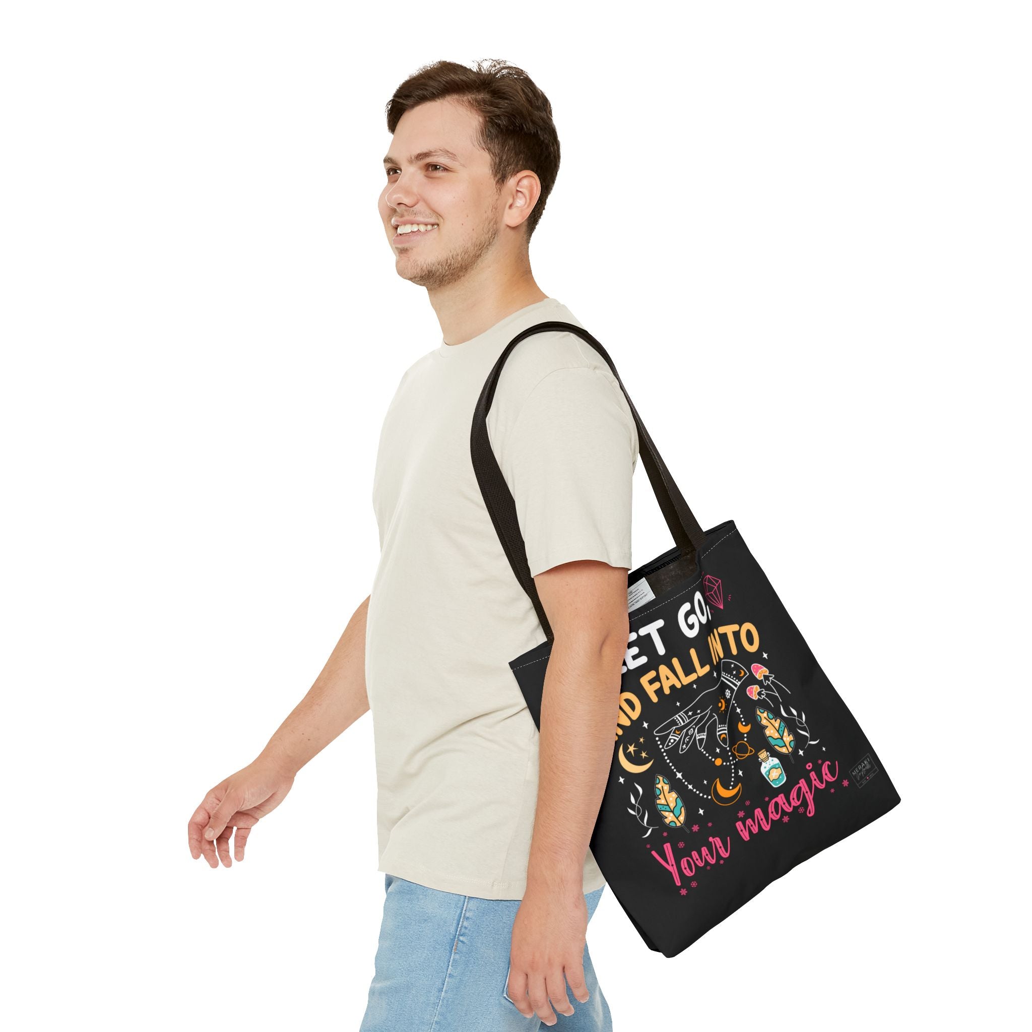 Male model carrying spiritual tote bag